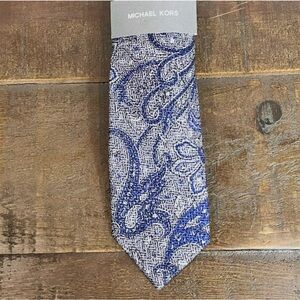 NWT Michael Kors Blue Off White Paisley Print Necktie Wool Lane Preppy Designer